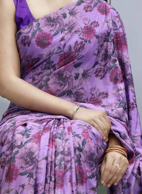 purple color  all over printed silk blend crape saree with unstitched blouse 2