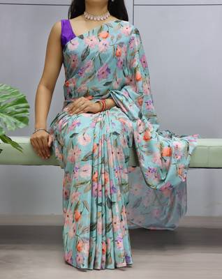 sky color  all over printed silk blend crape saree with unstitched blouse 1