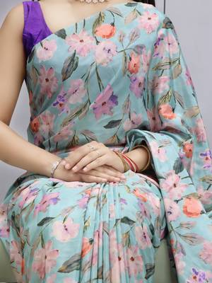sky color  all over printed silk blend crape saree with unstitched blouse 2