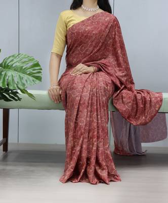 burgundy color  all over printed silk blend crape saree with unstitched blouse 1