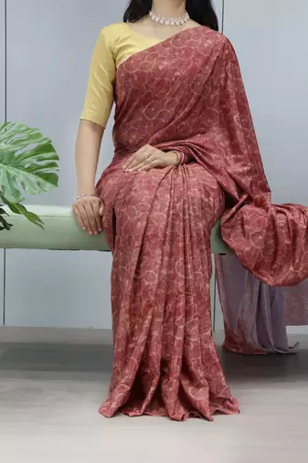 burgundy color  all over printed silk blend crape saree with unstitched blouse