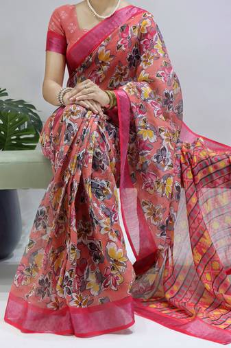 Peach color  all over  printed with  silver zari border linen saree with unstitched blouse
