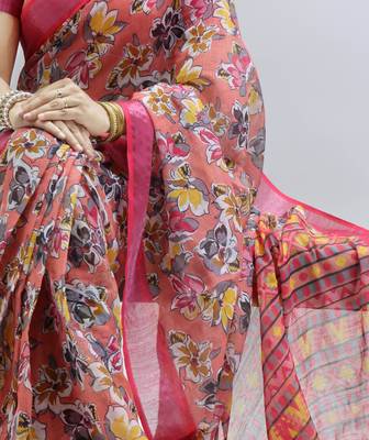 Peach color  all over  printed with  silver zari border linen saree with unstitched blouse 2