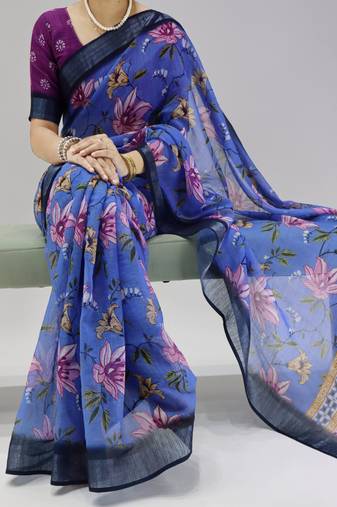 Indigo color all over  printed with  silver zari border linen saree with unstitched blouse
