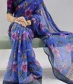 Indigo color all over  printed with  silver zari border linen saree with unstitched blouse