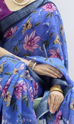 Indigo color all over  printed with  silver zari border linen saree with unstitched blouse 2