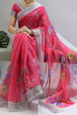 Gajari color all over  printed with  silver zari border linen saree with unstitched blouse 1