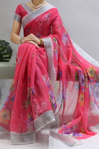 Gajari color all over  printed with  silver zari border linen saree with unstitched blouse