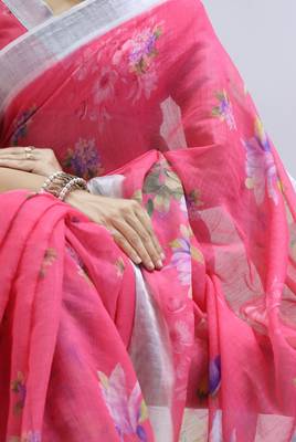 Gajari color all over  printed with  silver zari border linen saree with unstitched blouse 2