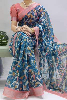 Rama color all over  printed with  silver zari border linen saree with unstitched blouse 1
