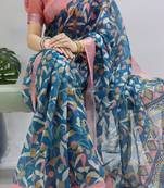 Rama color all over  printed with  silver zari border linen saree with unstitched blouse