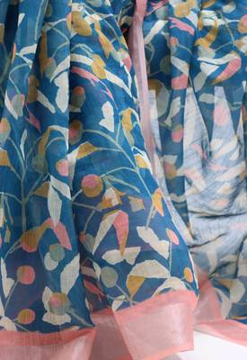 Rama color all over  printed with  silver zari border linen saree with unstitched blouse 2