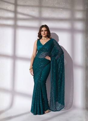 teal sequin georgette saree with unstiched blouse 1