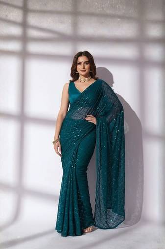 teal sequin georgette saree with unstiched blouse