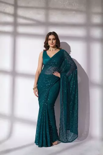 teal sequin georgette saree with unstiched blouse