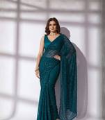teal sequin georgette saree with unstiched blouse