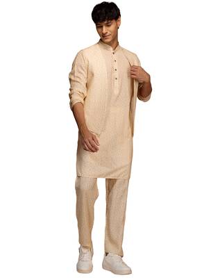Men peach yellow cotton linen 3-piece set - premium digital print contrast summer wear 1