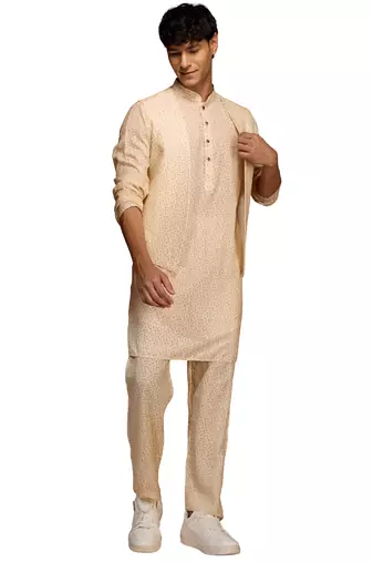 Men peach yellow cotton linen 3-piece set - premium digital print contrast summer wear