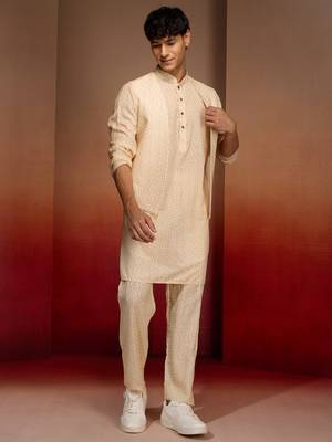Men peach yellow cotton linen 3-piece set - premium digital print contrast summer wear 2