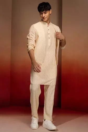 Men peach yellow cotton linen 3-piece set - premium digital print contrast summer wear