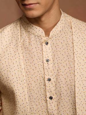 Men peach yellow cotton linen 3-piece set - premium digital print contrast summer wear 3