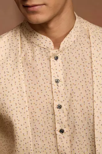 Men peach yellow cotton linen 3-piece set - premium digital print contrast summer wear