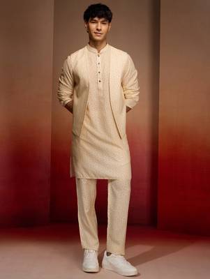 Men peach yellow cotton linen 3-piece set - premium digital print contrast summer wear 4