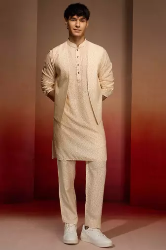 Men peach yellow cotton linen 3-piece set - premium digital print contrast summer wear