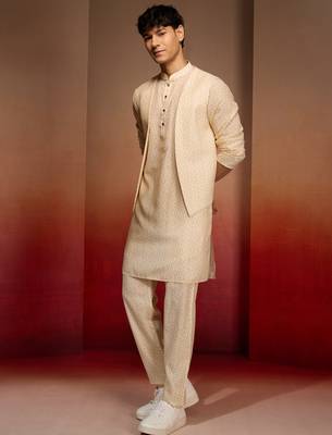 Men peach yellow cotton linen 3-piece set - premium digital print contrast summer wear 5