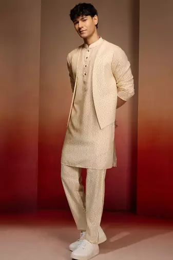 Men peach yellow cotton linen 3-piece set - premium digital print contrast summer wear