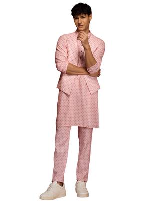 Men peach cotton linen 3-piece nehru set - premium digital print summer casual wear 1