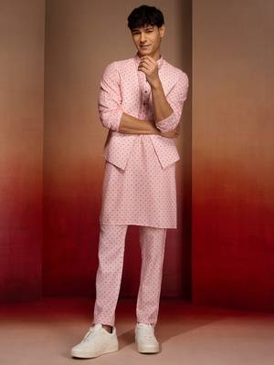Men peach cotton linen 3-piece nehru set - premium digital print summer casual wear 2