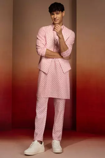 Men peach cotton linen 3-piece nehru set - premium digital print summer casual wear