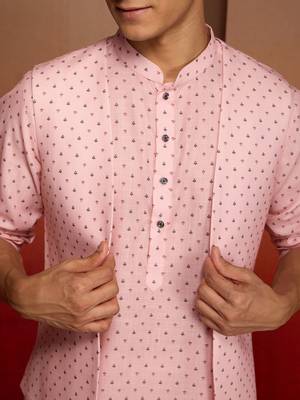 Men peach cotton linen 3-piece nehru set - premium digital print summer casual wear 3