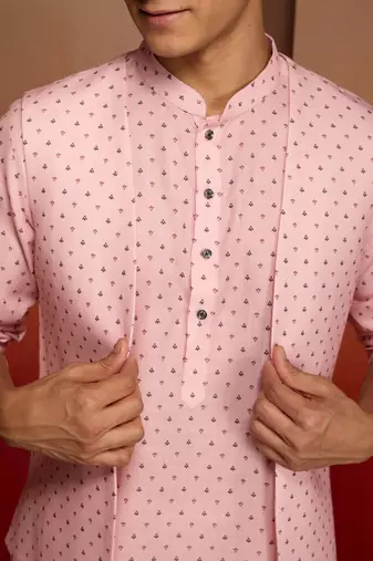 Men peach cotton linen 3-piece nehru set - premium digital print summer casual wear