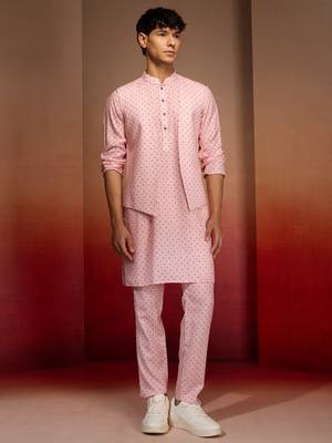 Men peach cotton linen 3-piece nehru set - premium digital print summer casual wear 4