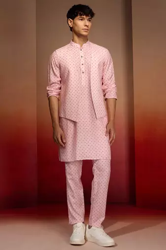 Men peach cotton linen 3-piece nehru set - premium digital print summer casual wear