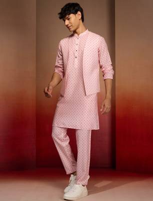 Men peach cotton linen 3-piece nehru set - premium digital print summer casual wear 5
