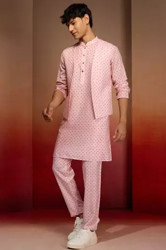 Men peach cotton linen 3-piece nehru set - premium digital print summer casual wear