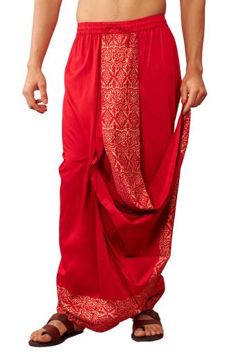 Mens red viscose dhoti traditional border print - navratri ethnic wear