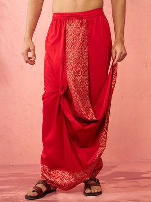 Mens red viscose dhoti traditional border print - navratri ethnic wear 2