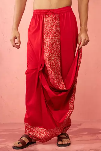 Mens red viscose dhoti traditional border print - navratri ethnic wear