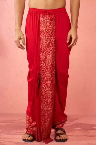 Mens red viscose dhoti traditional border print - navratri ethnic wear