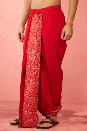 Mens red viscose dhoti traditional border print - navratri ethnic wear