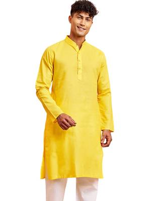 Men yellow cotton kurta - wedding casual summer wear long kurta with button closure 1