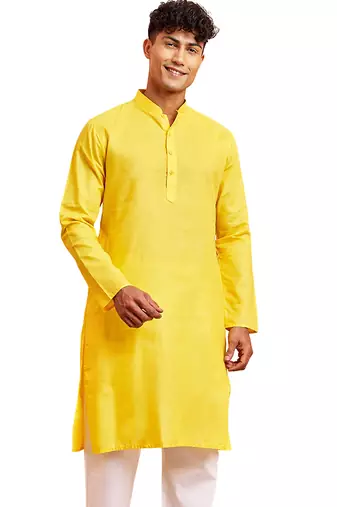 Men yellow cotton kurta - wedding casual summer wear long kurta with button closure