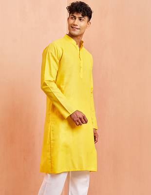 Men yellow cotton kurta - wedding casual summer wear long kurta with button closure 2