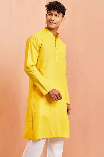 Men yellow cotton kurta - wedding casual summer wear long kurta with button closure