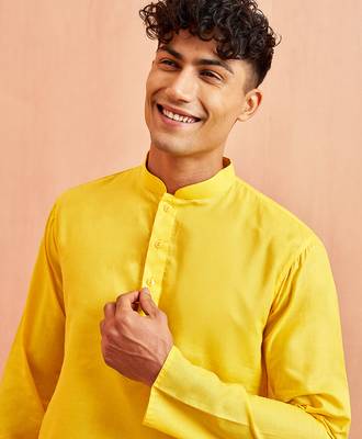 Men yellow cotton kurta - wedding casual summer wear long kurta with button closure 3