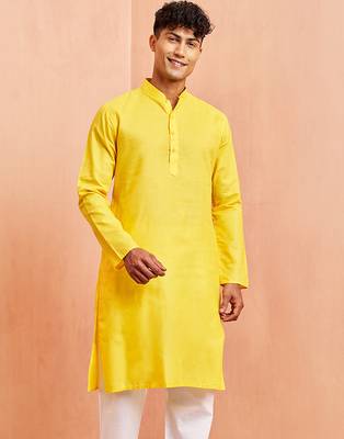 Men yellow cotton kurta - wedding casual summer wear long kurta with button closure 4